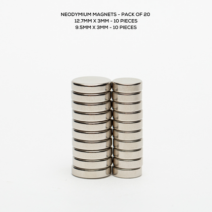 Neodymium Magnets - Pack of 20  12.7mm x 3mm - 10 pieces 9.5mm x 3mm - 10 pieces