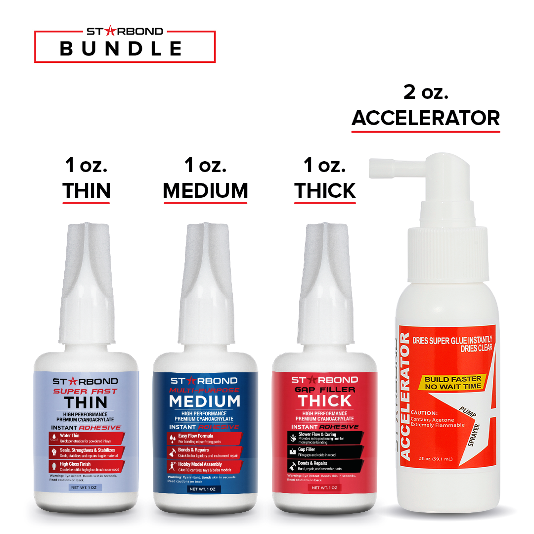 CA Glue Bundle - 1 oz. Thin, Medium, Thick and 2 oz. Pump Accelerator