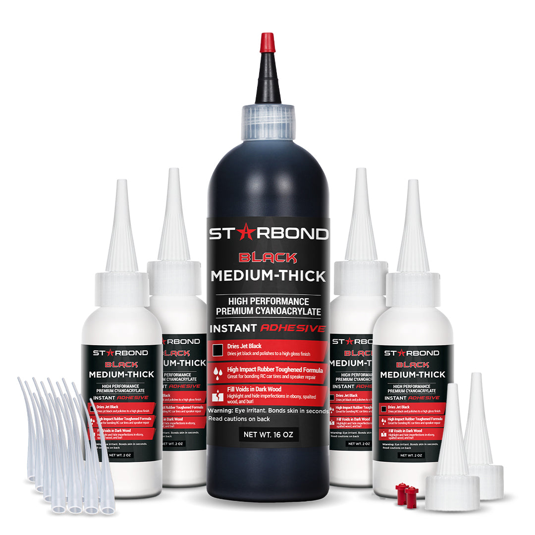 Starbond Kbl-500 Flexible Black Medium Thick Premium Rubber Toughened CA Super Glue Plus Extra Bottles Caps and Microtips 16 oz
