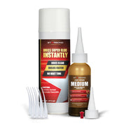 Light Brown Medium Super Glue (2 oz) + Aerosol Accelerator (6 oz) — Instant-Cure Kit for Light-Colored Wood Repairs