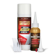 Dark Brown Medium-Thick Super Glue (2 oz) + Aerosol Accelerator (6 oz) — Instant-Cure Kit for Dark Woods and Walnut Knots