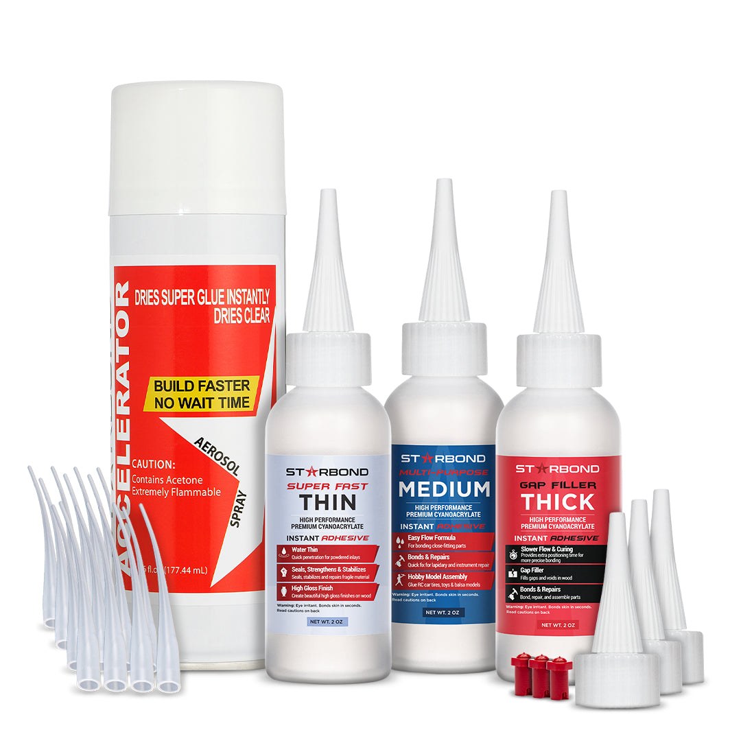 Starbond 2 oz. Thin CA Glue, 2 oz. Medium CA Glue, 2 oz. Thick CA Glue, 6 oz. Aerosol Accelerator Bundle, Cyanoacrylate Adhesive Super Glues for