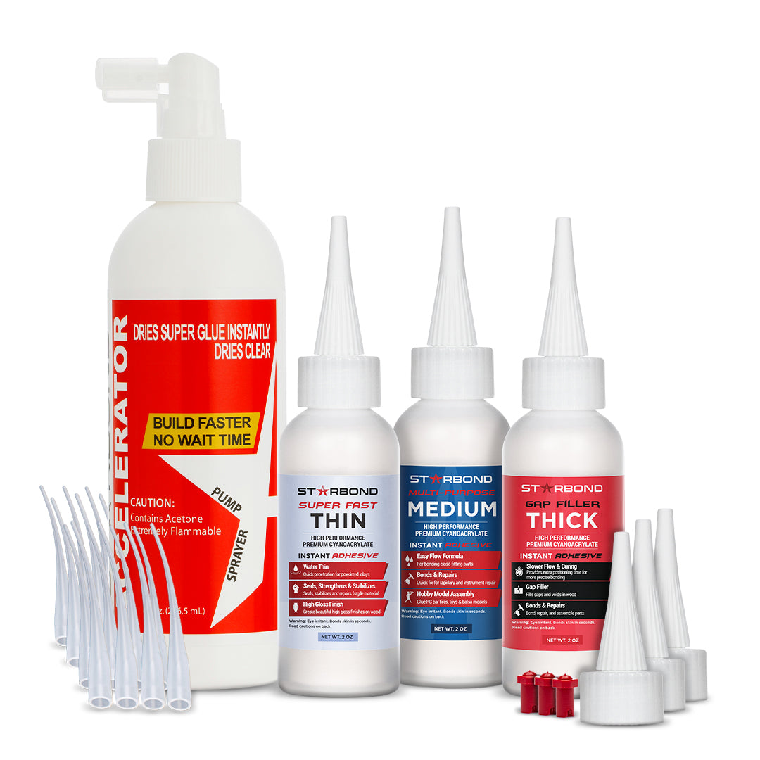 2 oz. Thin, Medium, Thick Super Glue and 8 oz. Pump Accelerator Bundle