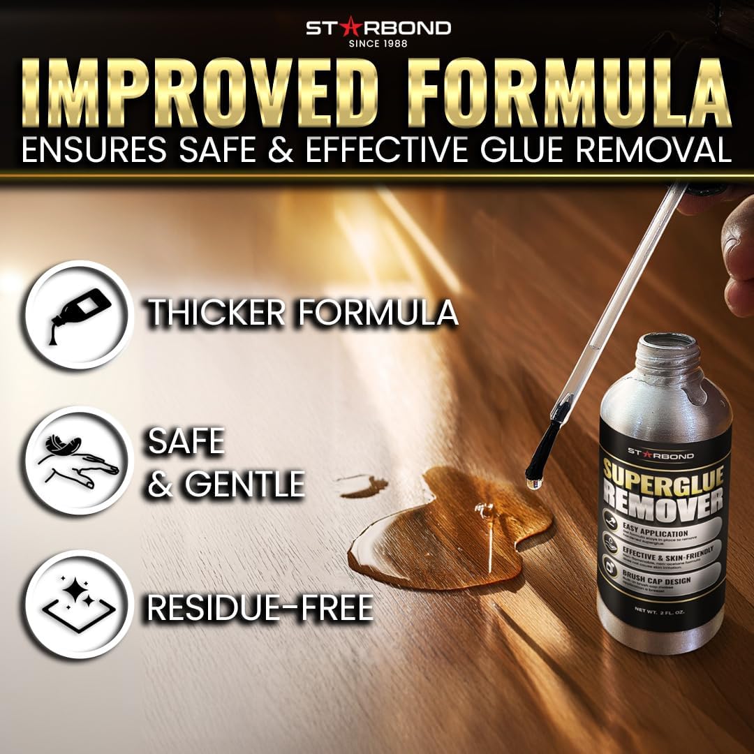 Gel Super Glue Remover with Precision Brush — Stays Wet Longer Than Acetone (2 oz)