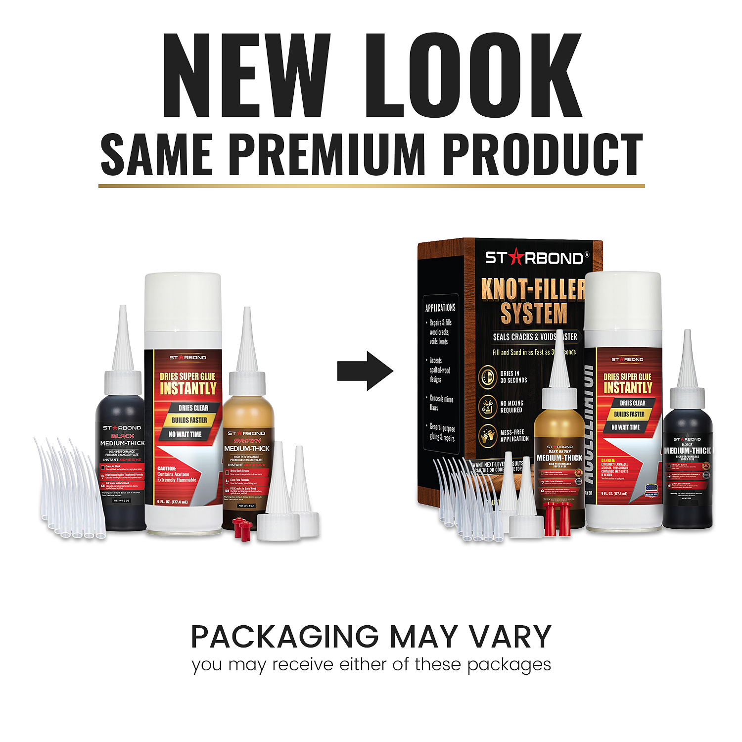 Wood Knot Filler Kit — Black and Brown Super Glue (2 oz Each) + 6 oz Aerosol Accelerator