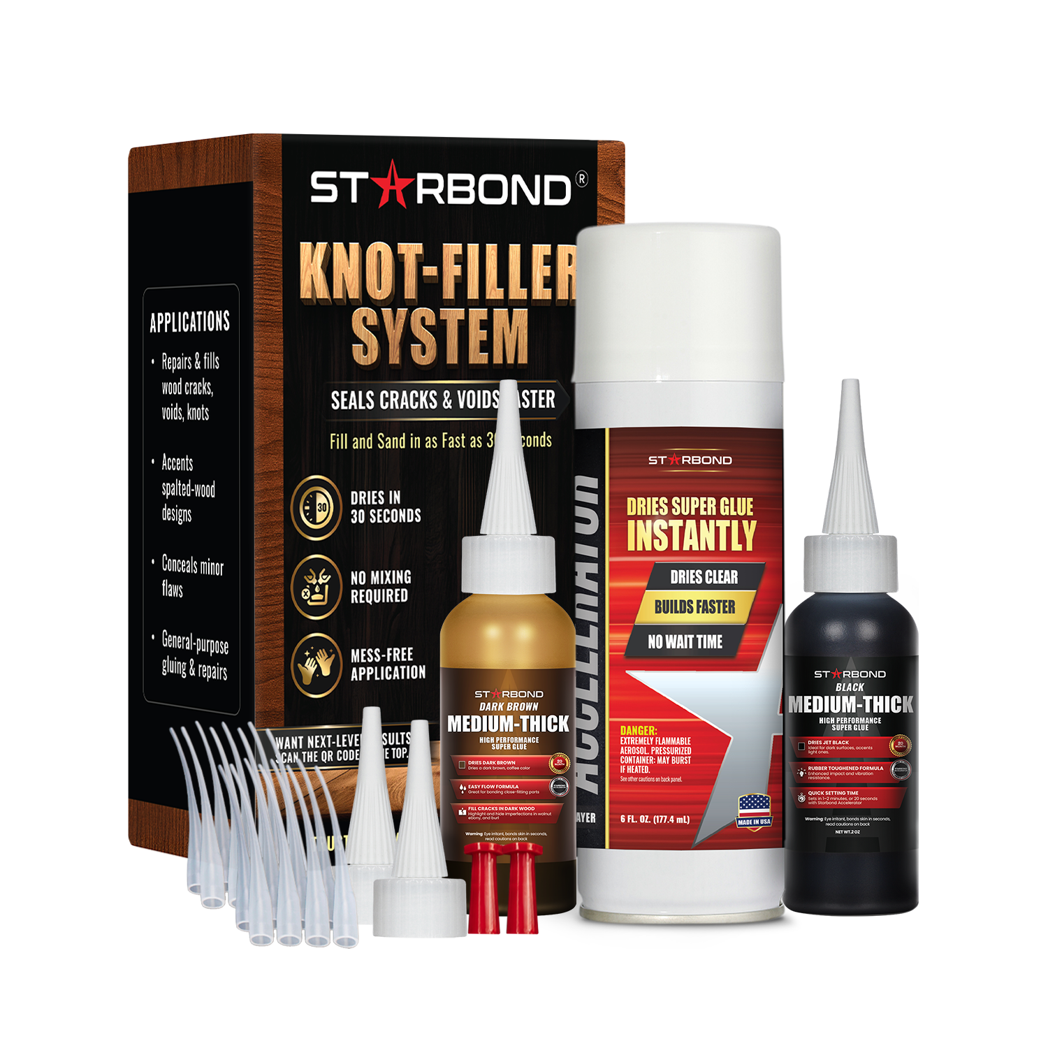 Wood Knot Filler Kit — Black and Brown Super Glue (2 oz Each) + 6 oz Aerosol Accelerator