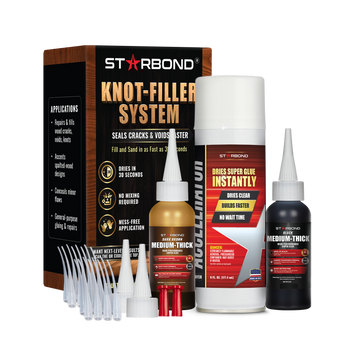 Wood Knot Filler Kit — Black and Brown Super Glue (2 oz Each) + 6 oz Aerosol Accelerator