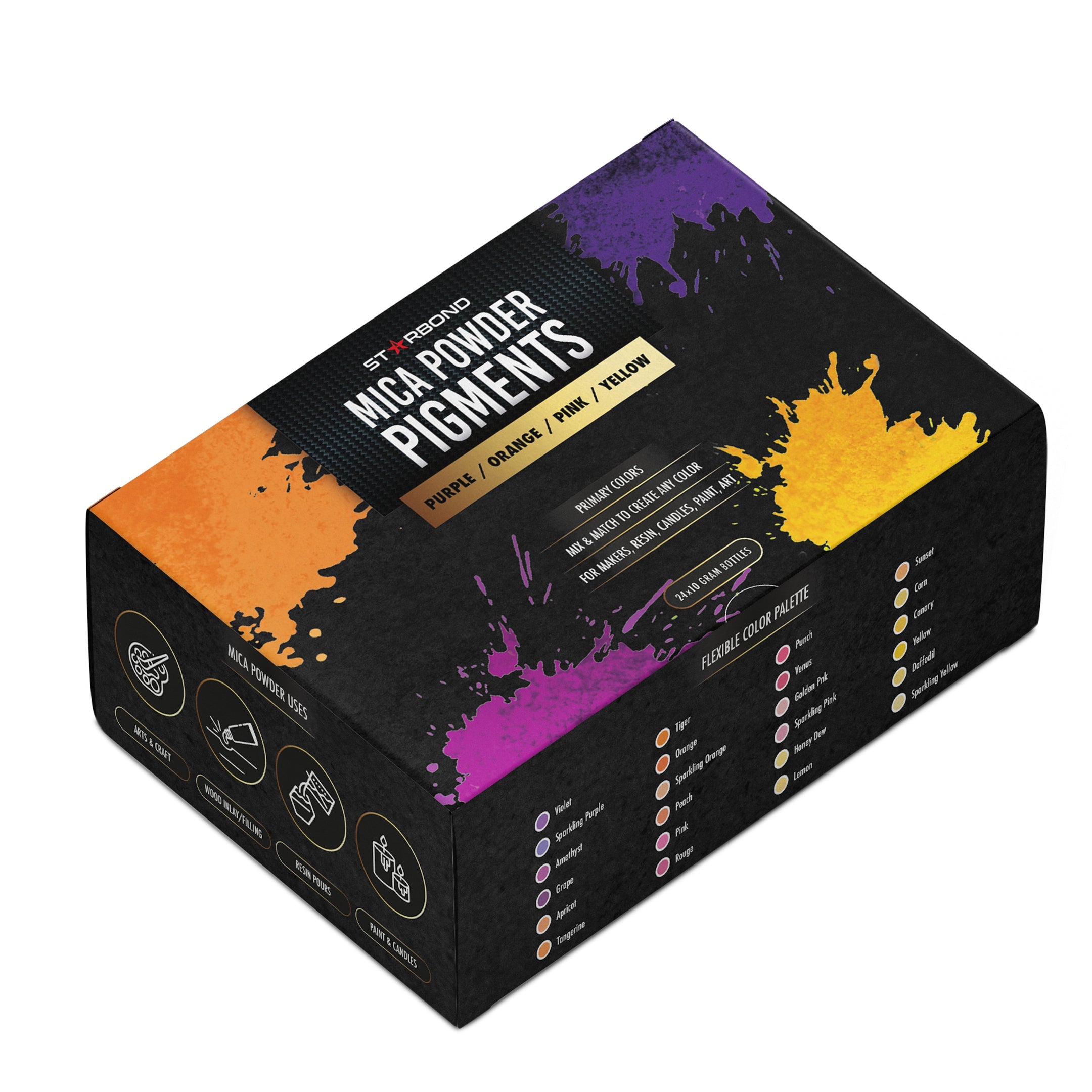 24-Choices Mica Powder Creativity Set (Purple Orange Pink Yellow), 10g bottles
