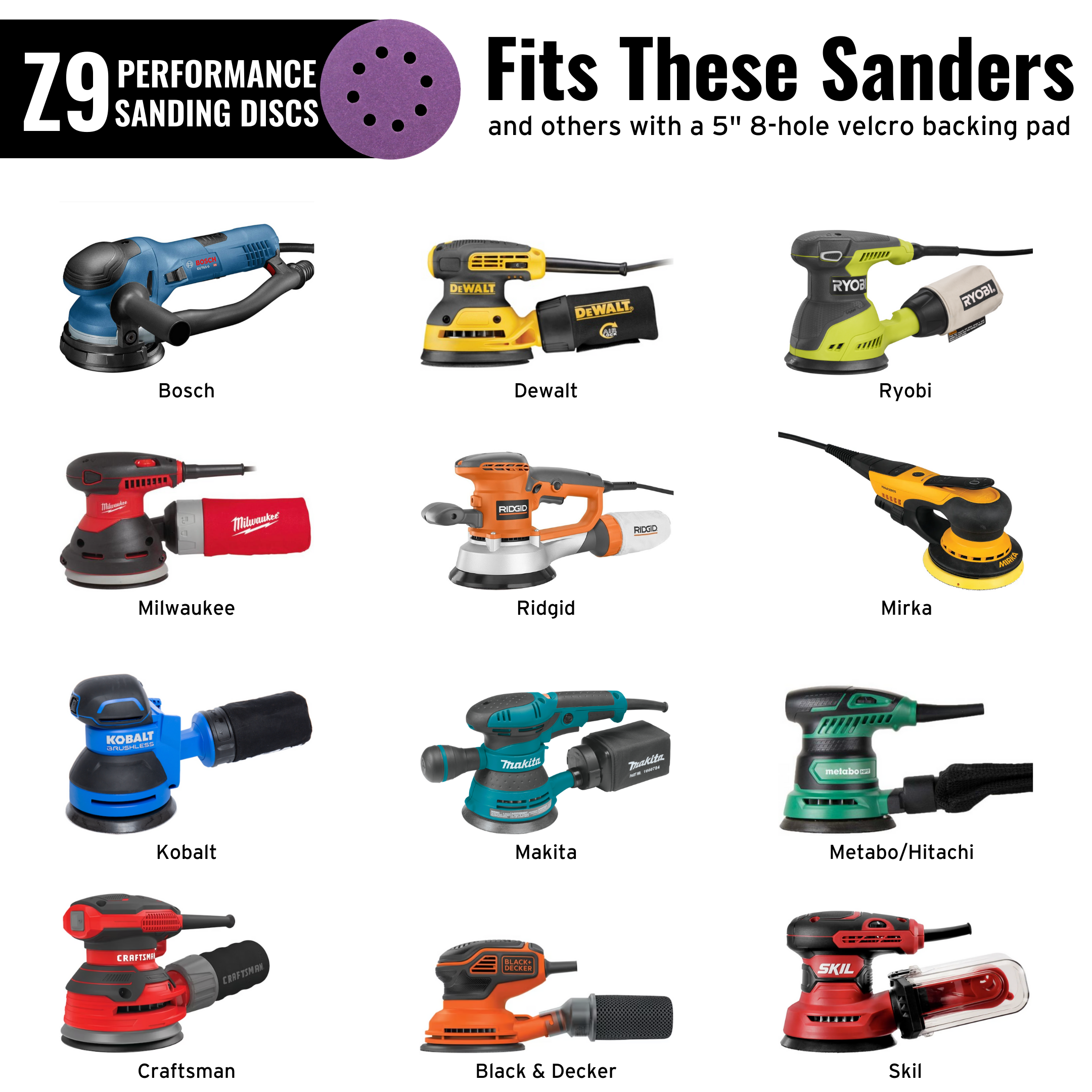 5" 8 holes Z9 Ceramic Hybrid Sanding Discs — 50 pcs