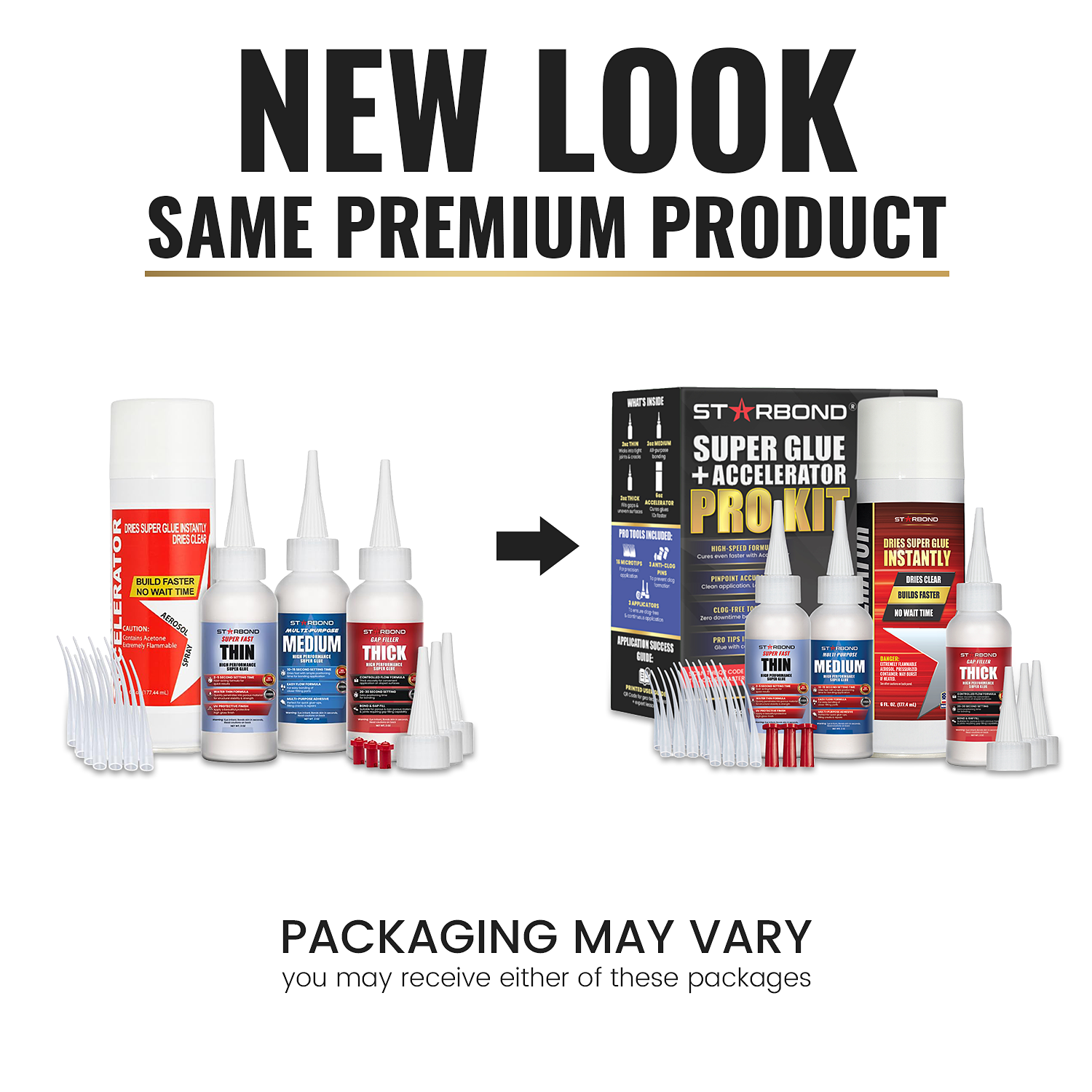Complete Super Glue Kit — Three 2 oz CA Glues (Thin, Medium, Thick) + 6 oz Aerosol Accelerator