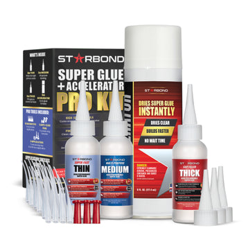 Complete Super Glue Kit — Three 2 oz CA Glues (Thin, Medium, Thick) + 6 oz Aerosol Accelerator