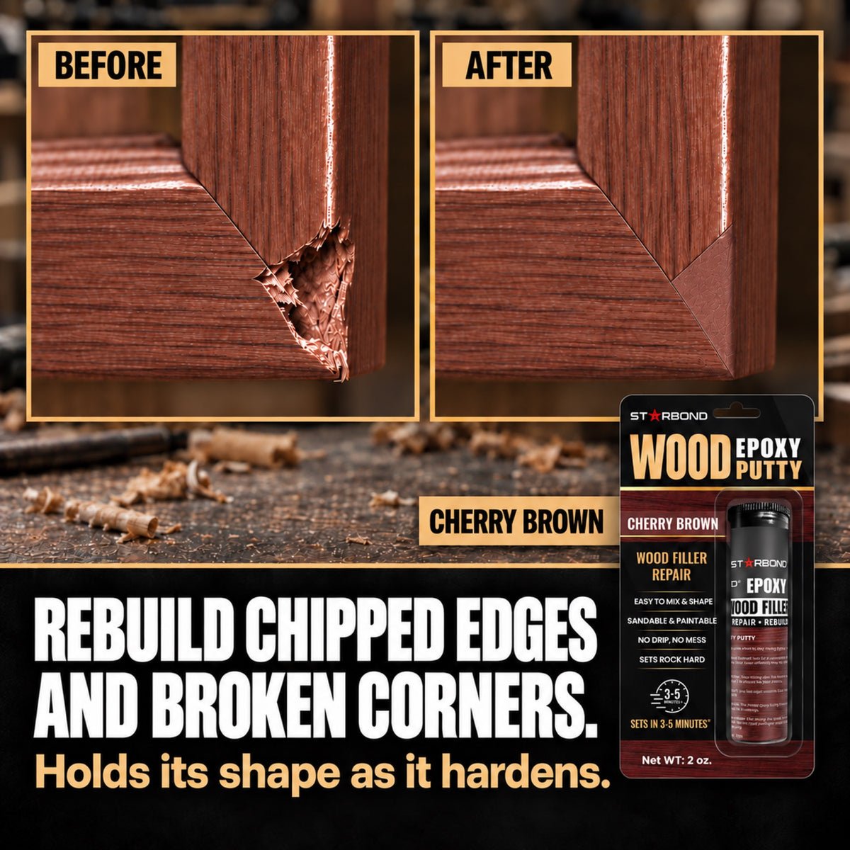 Chipped wood corner before and after repair in Cherry Brown tones, with Starbond Cherry Brown epoxy putty packaging.