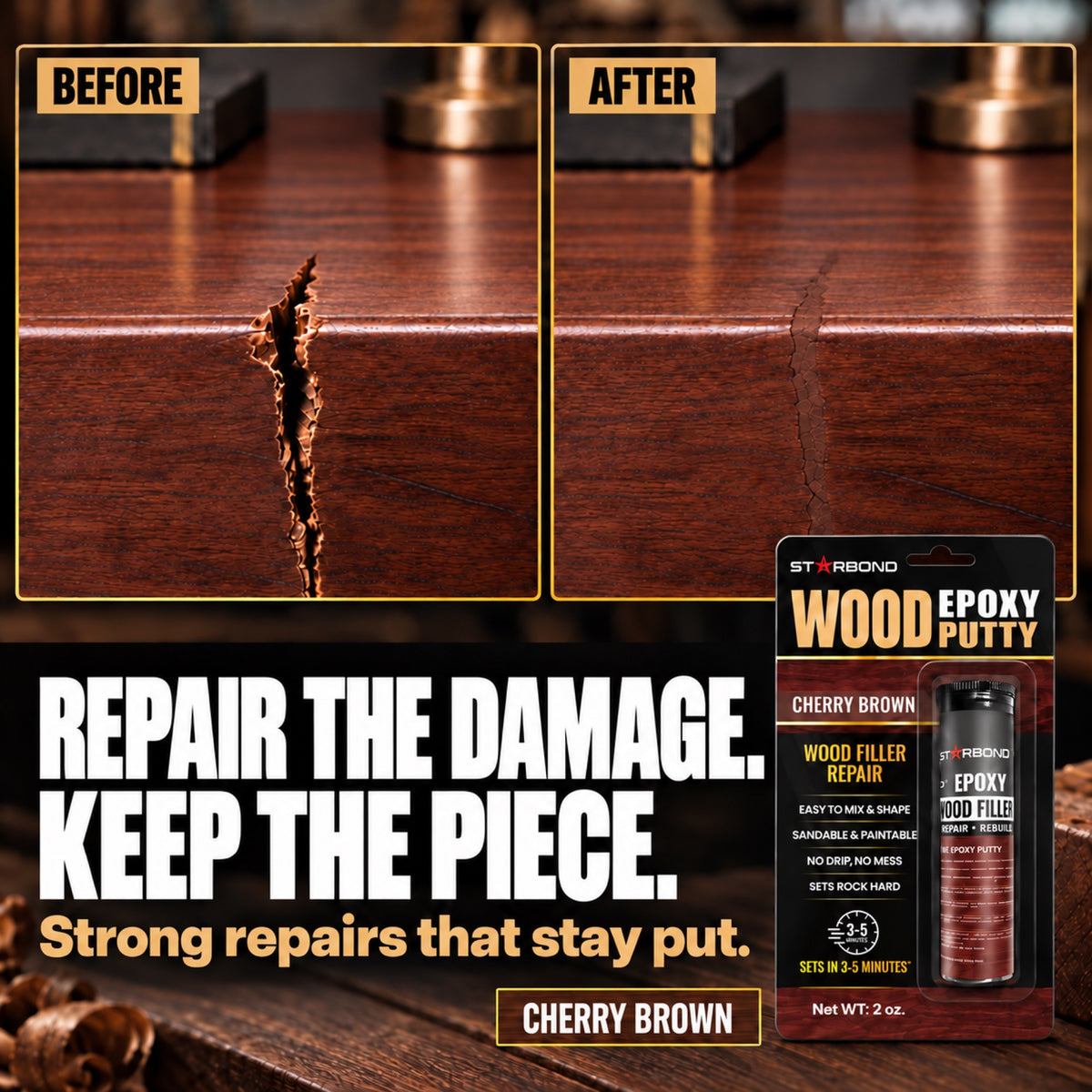 Wood furniture crack before and after repair in Cherry Brown tones, with Starbond Cherry Brown epoxy putty packaging.