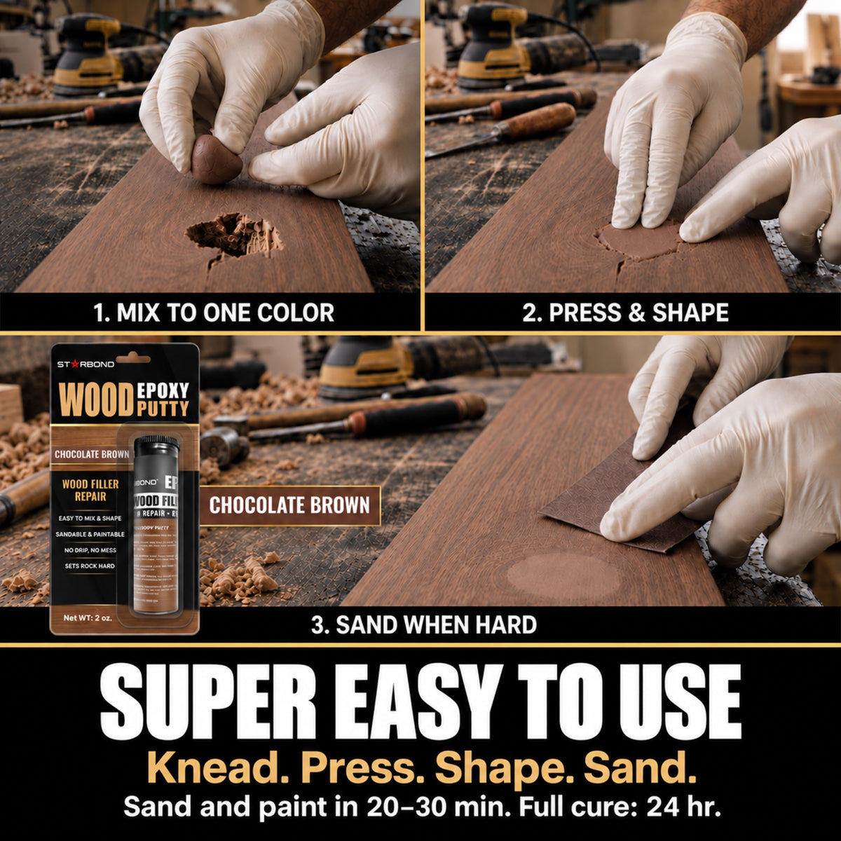 Starbond Chocolate Brown epoxy putty infographic showing kneading, pressing, shaping and sanding.