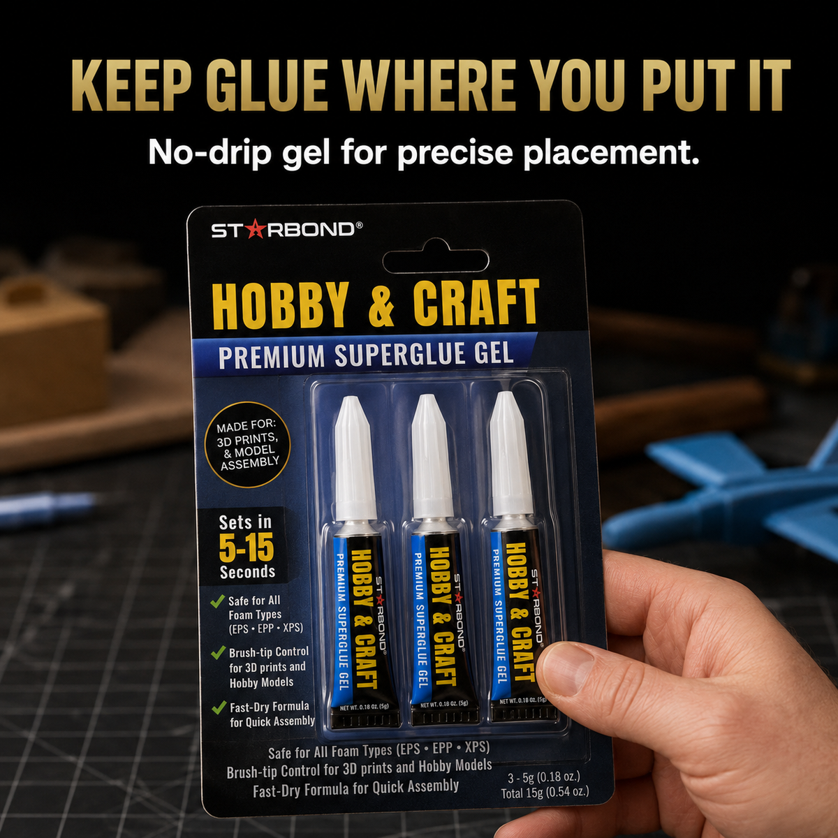 Hobby & Craft Specialty No-Drip Super Glue Gel — Foam-Safe, Low-Odor Formula for Models (3 × 5g)