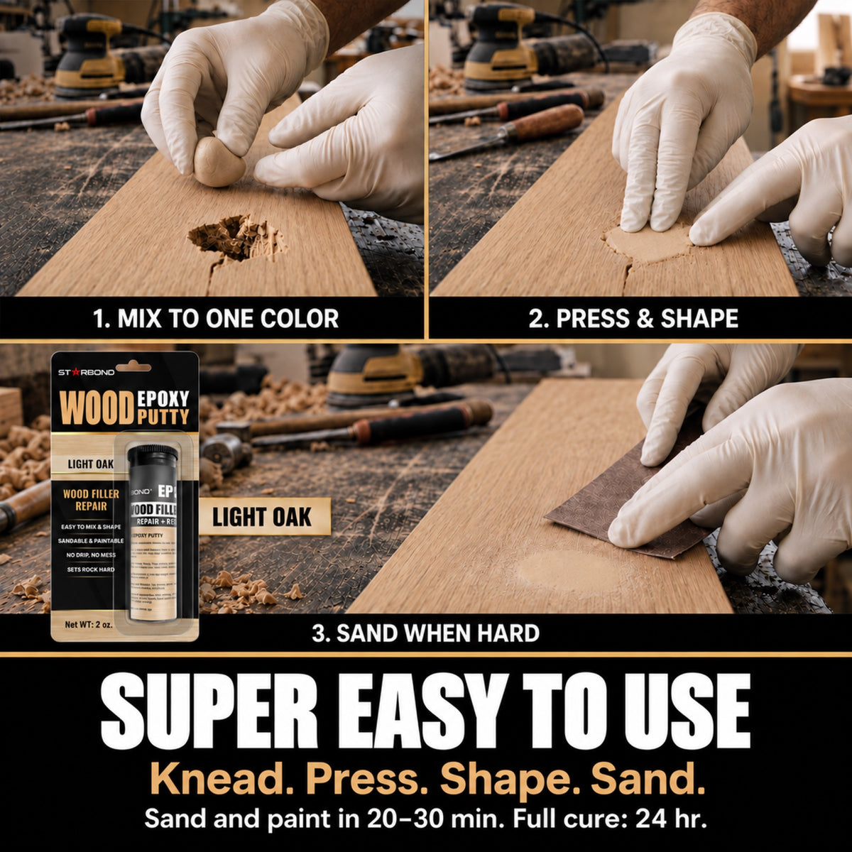 Starbond Light Oak epoxy putty infographic showing kneading, pressing, shaping and sanding.