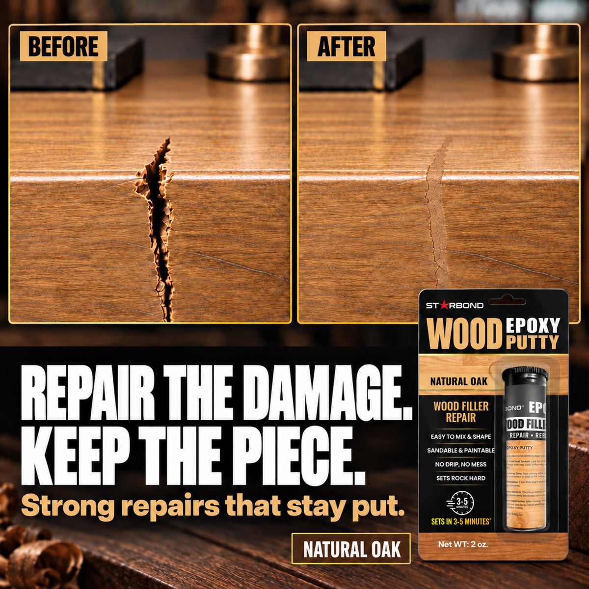 Wood furniture crack before and after repair in Natural Oak tones, with Starbond Natural Oak epoxy putty packaging.