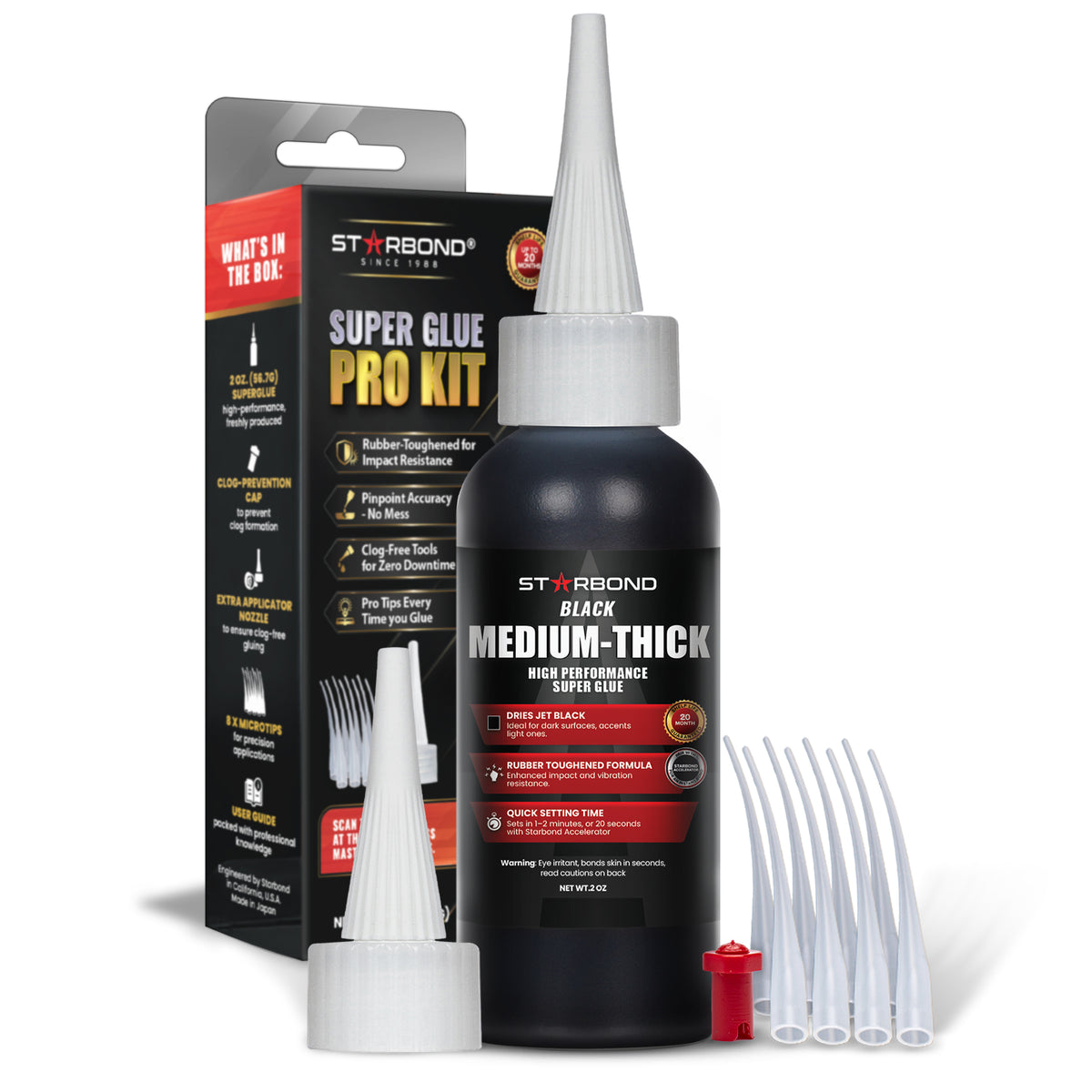 Starbond Black Medium-Thick Super Glue Pro Kit, 2 oz, with box and precision applicator accessories