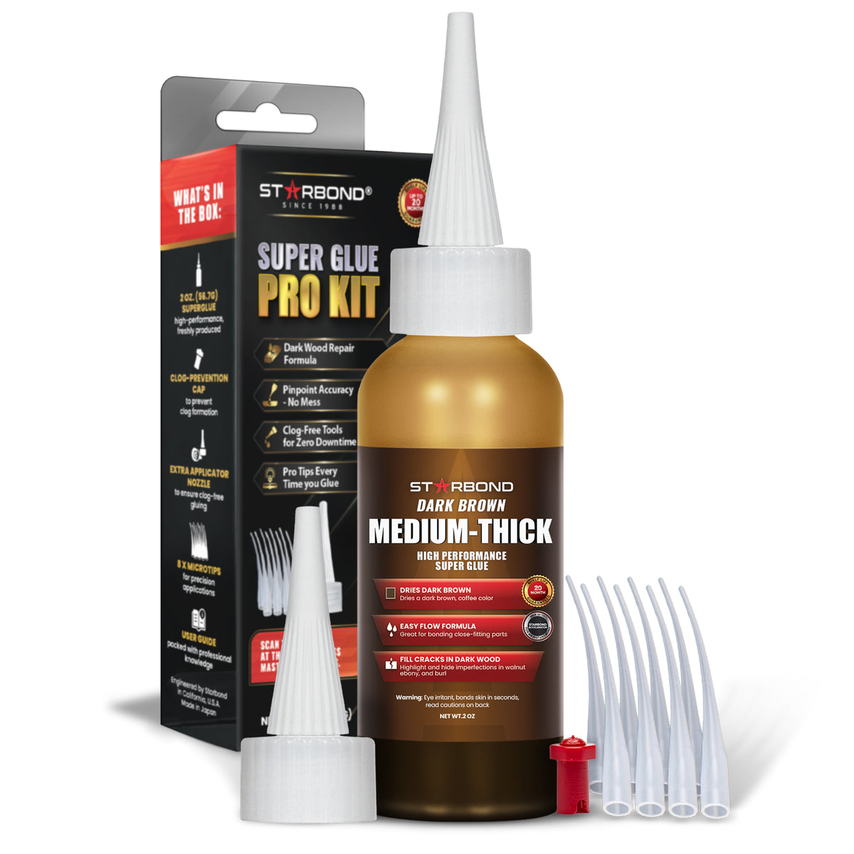 Starbond Dark Brown Medium-Thick Super Glue Pro Kit, 2 oz, with box and precision applicator accessories
