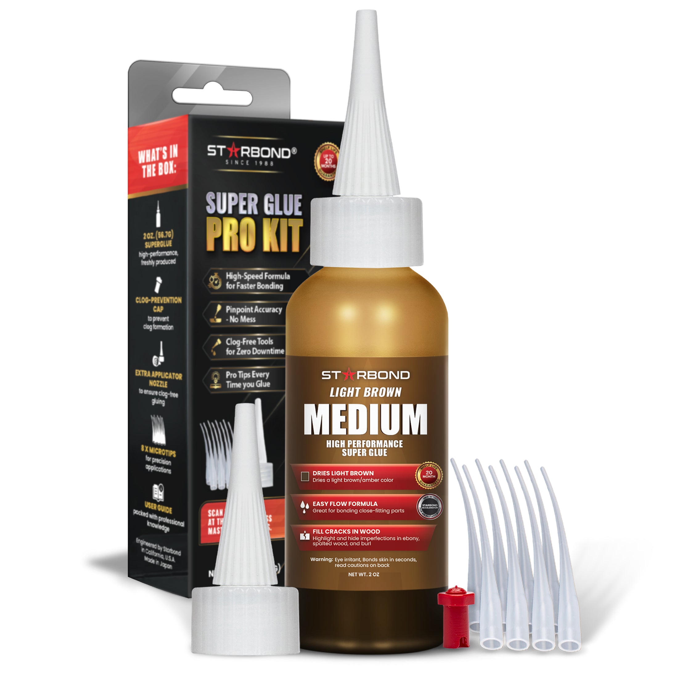 Starbond Light Brown Medium Super Glue Pro Kit, 2 oz, with box and precision applicator accessories