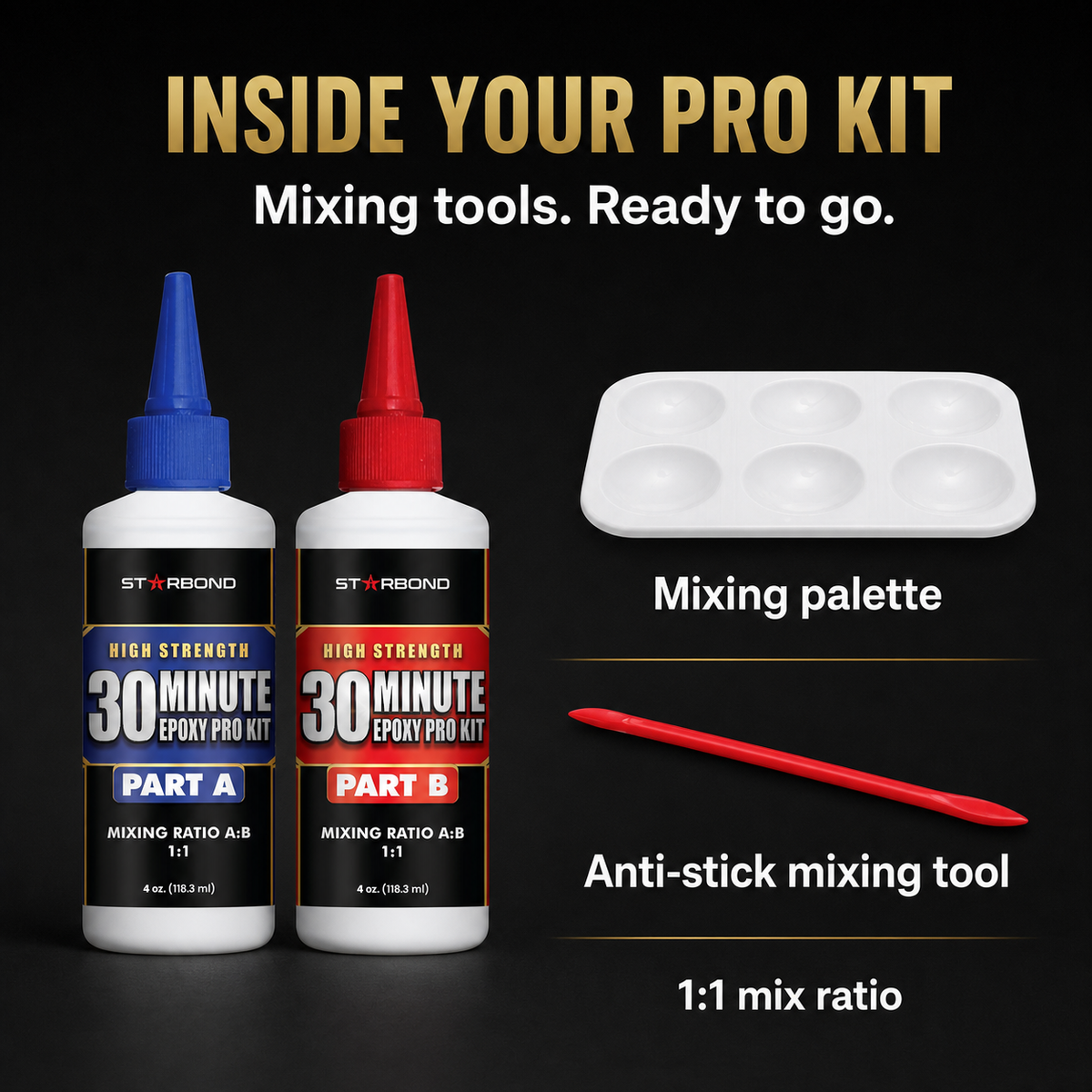 Inside the Starbond 30-Minute Epoxy Pro Kit: Part A and Part B with mixing tools.