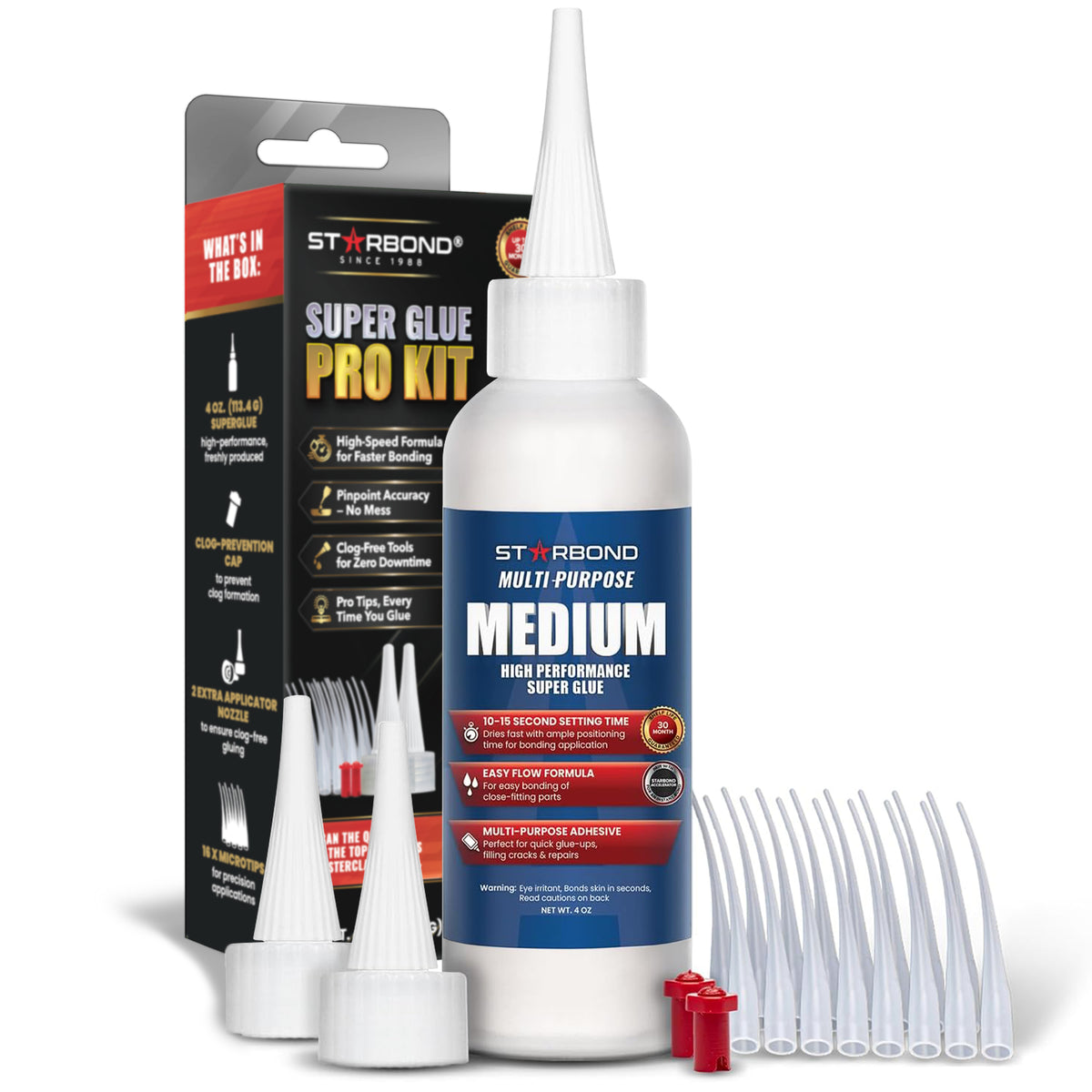 Starbond Medium Super Glue Pro Kit, 4 oz, with retail box and precision applicator accessories