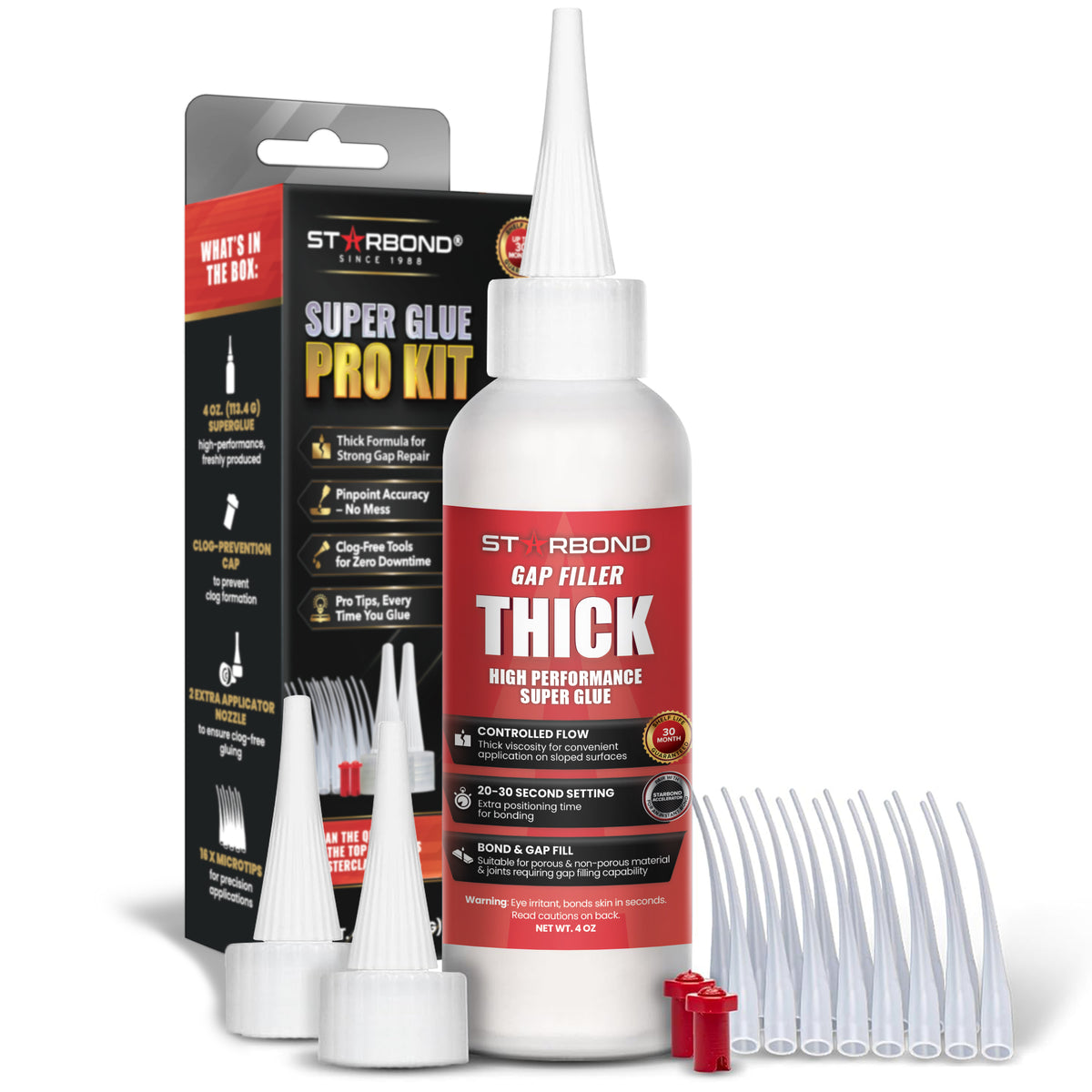 Starbond Thick Super Glue Pro Kit, 4 oz, with retail box and precision applicator accessories