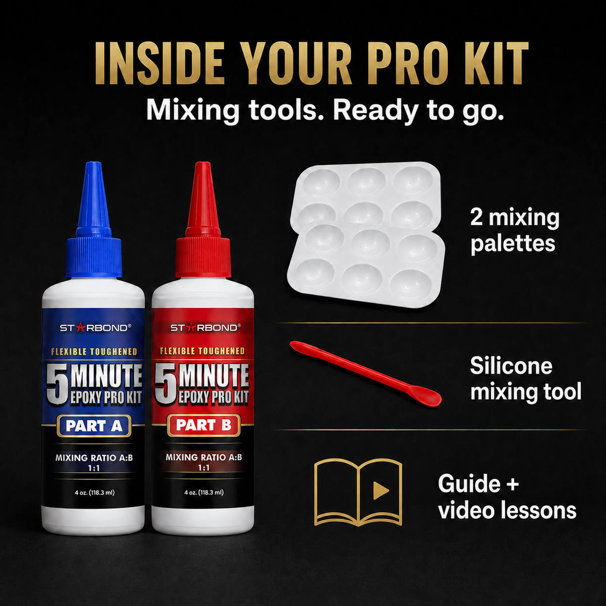 Inside the Starbond 5-Minute Epoxy Pro Kit: Part A and Part B with mixing tools.