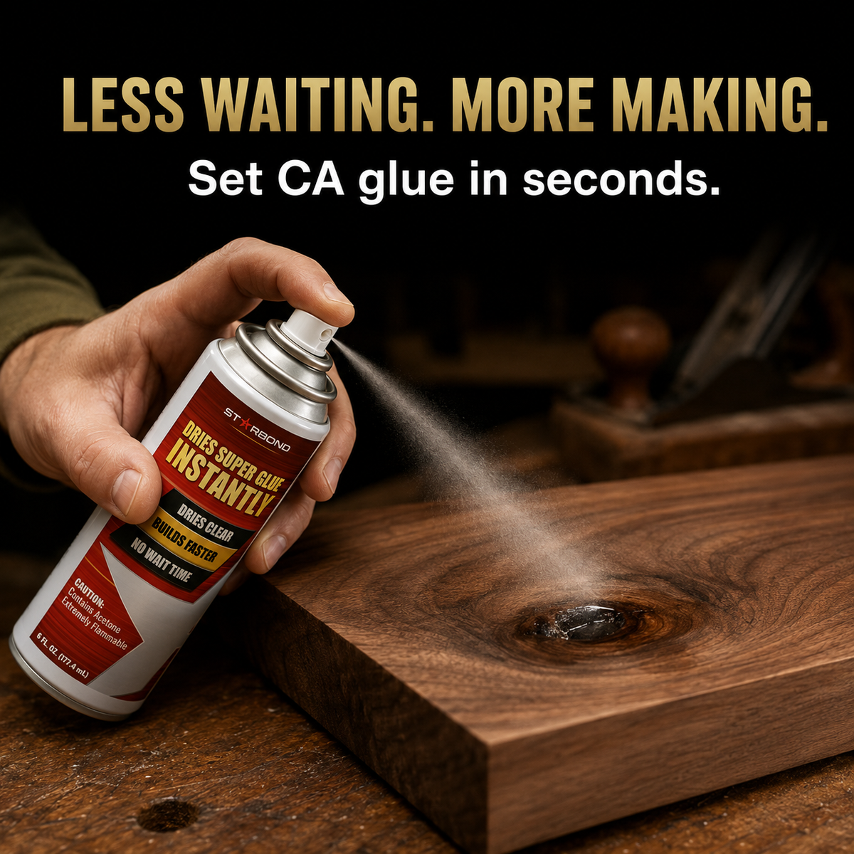 Starbond aerosol accelerator applied to a CA-filled wood knot. Less waiting. More making. Set CA glue in seconds.