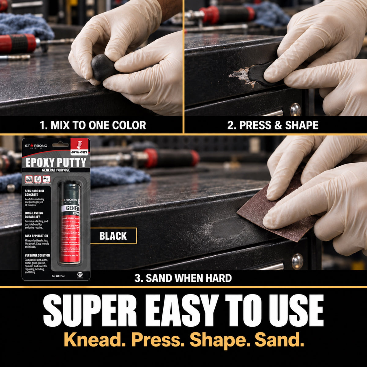 Starbond BLACK epoxy putty mixing, shaping and sanding infographic with matching product packaging.