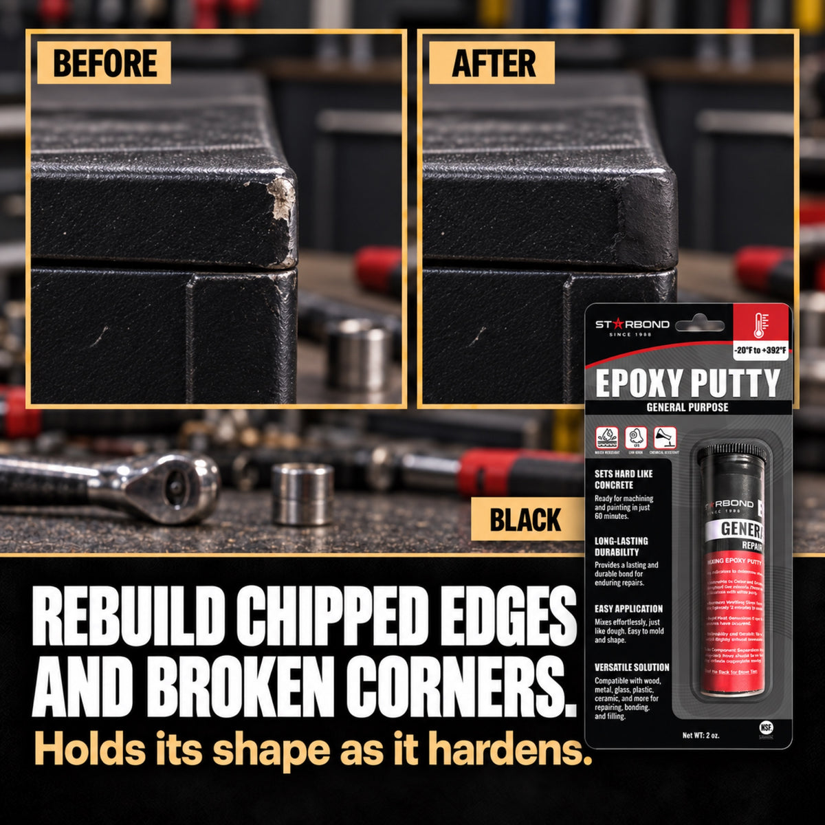 Starbond BLACK epoxy putty chipped corner repair illustration with matching product packaging.