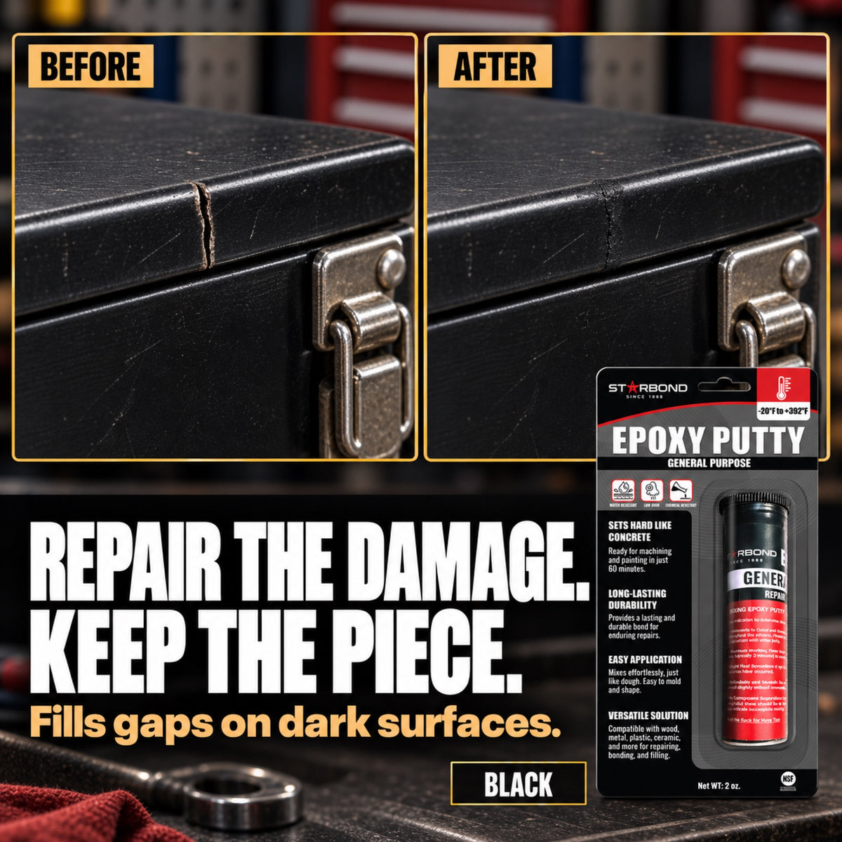 Starbond BLACK epoxy putty crack repair illustration with matching product packaging.