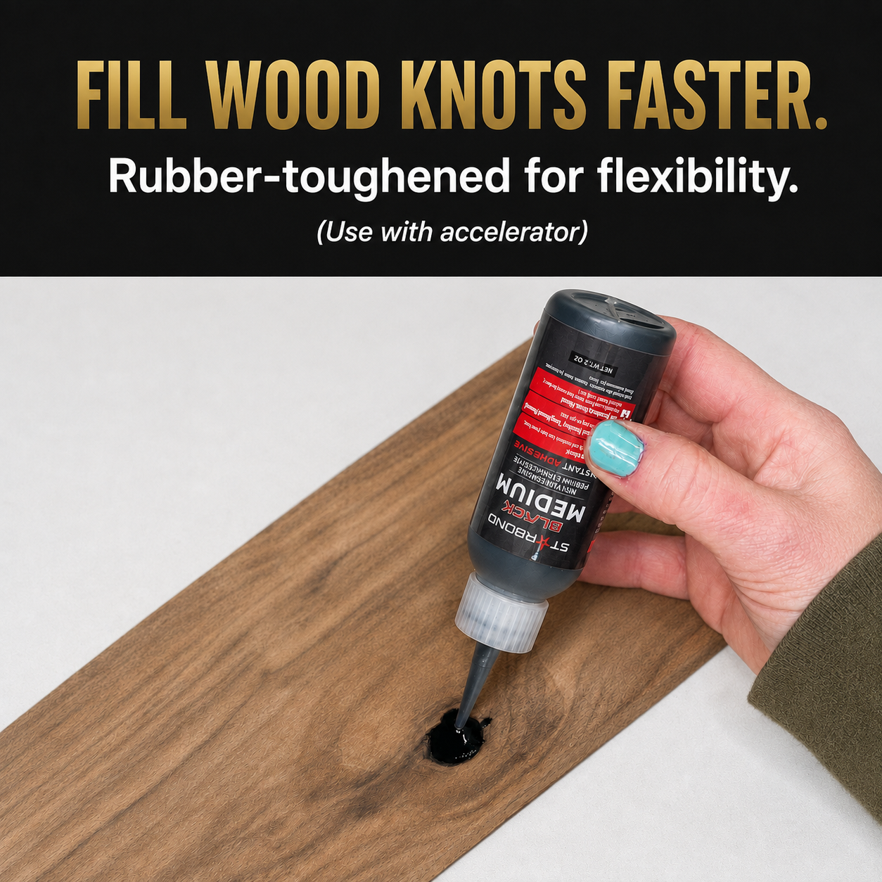 Starbond black CA glue filling a wood knot. Fill wood knots faster. Rubber-toughened for flexibility. Use with accelerator.