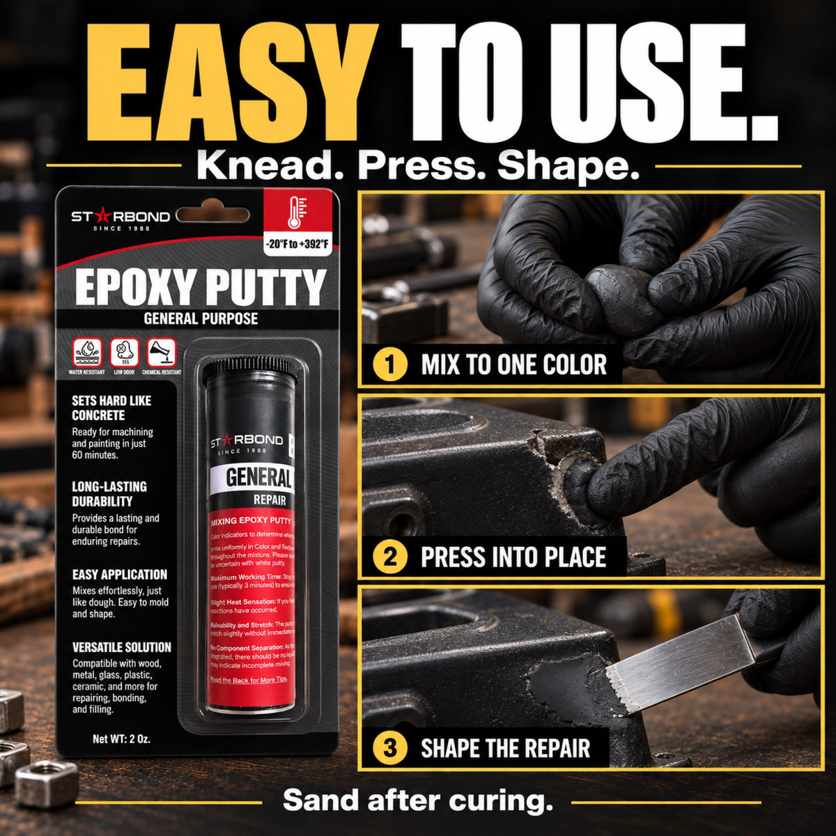 Starbond Black epoxy putty. Easy to Use infographic illustrating mixing, pressing and shaping a repair.