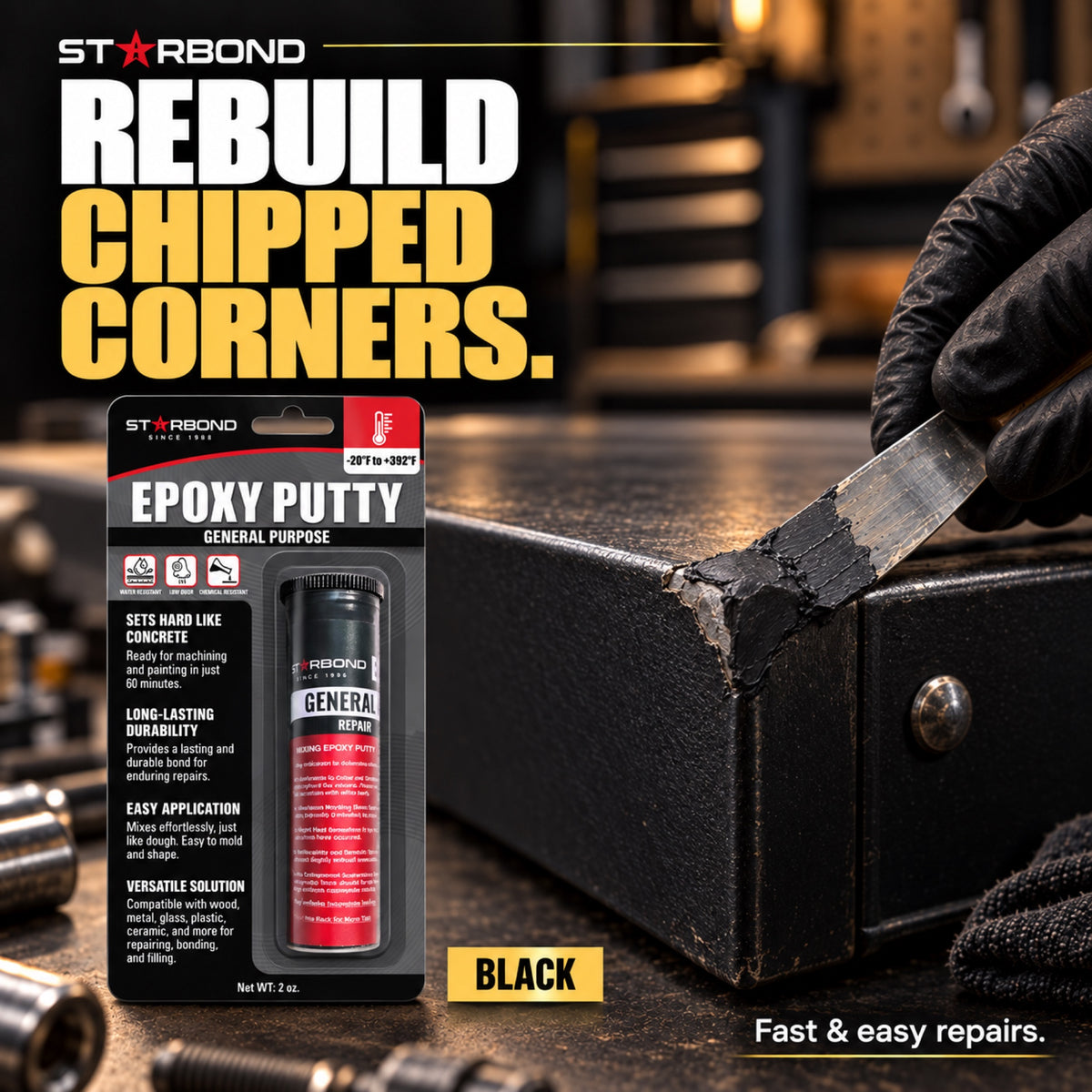 Starbond Black epoxy putty. Rebuild Chipped Corners infographic with an illustrated application.