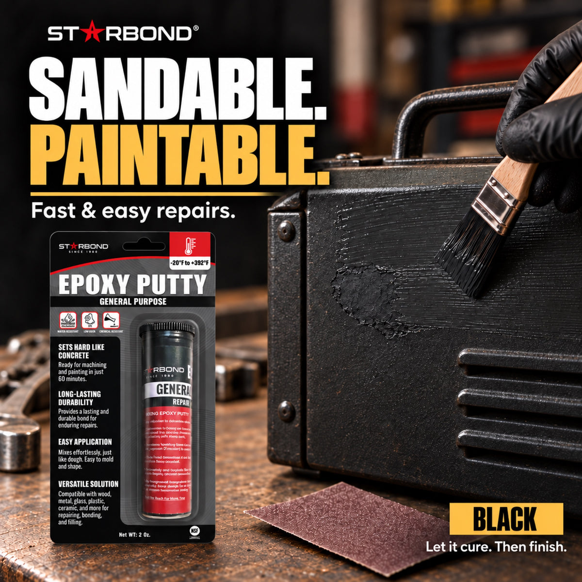 Starbond Black epoxy putty. Sandable and Paintable infographic illustrating a repair painted to match the surrounding surface.