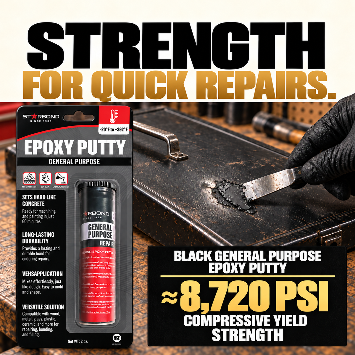 Square PDP infographic: Square Starbond BLACK GENERAL PURPOSE EPOXY PUTTY infographic showing a gloved putty-knife repair on a black metal storage-case lid, with the blister package and approximately 8,720 PSI compressive yield strength.