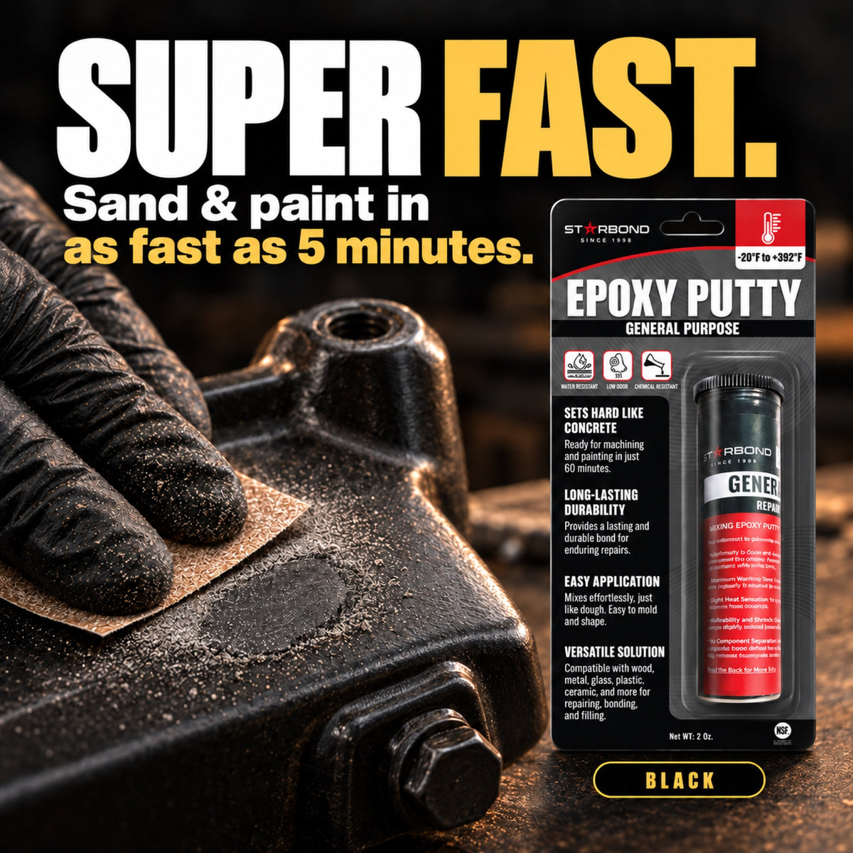 Starbond Black epoxy putty. Super Fast infographic with an illustrated sanding demonstration.