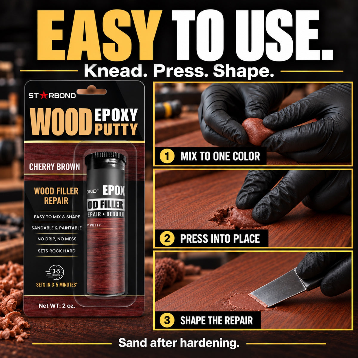 Starbond Cherry Brown epoxy putty. Easy to Use infographic illustrating mixing, pressing and shaping a repair.