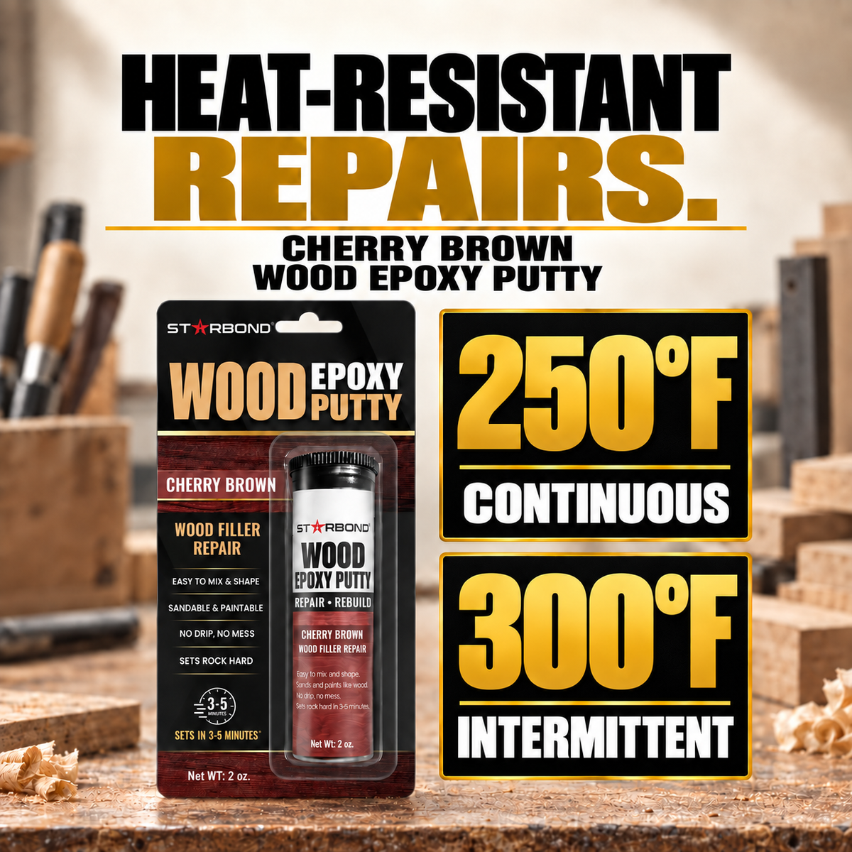 Starbond Cherry Brown Wood Epoxy Putty in its retail blister packaging with a bold Heat-resistant repairs headline and temperature cards reading250°F continuous and300°F intermittent.