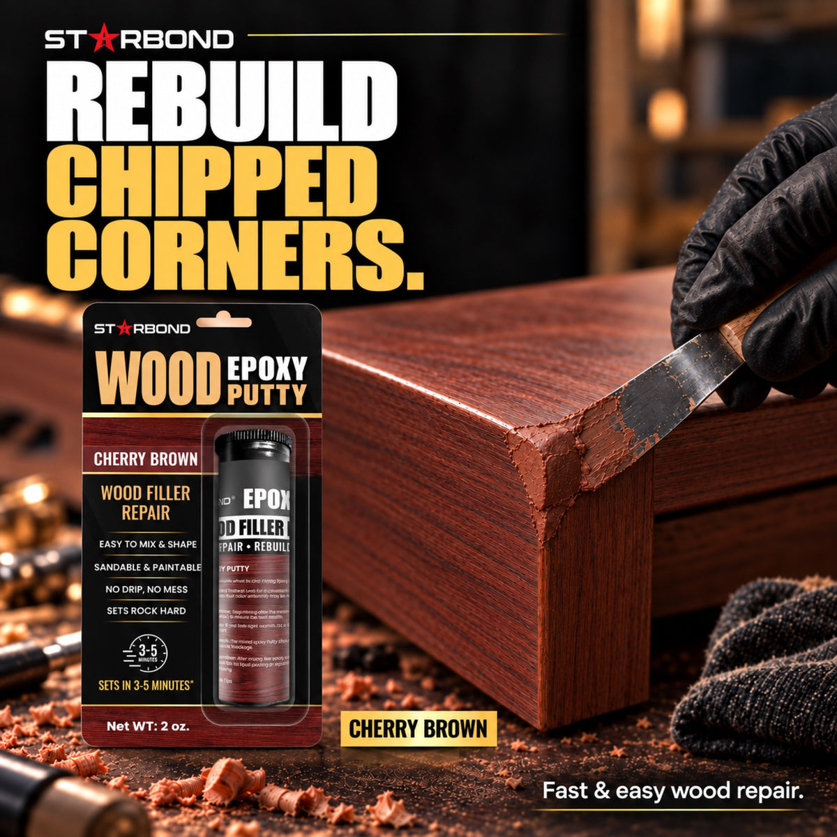 Starbond Cherry Brown epoxy putty. Rebuild Chipped Corners infographic with an illustrated application.
