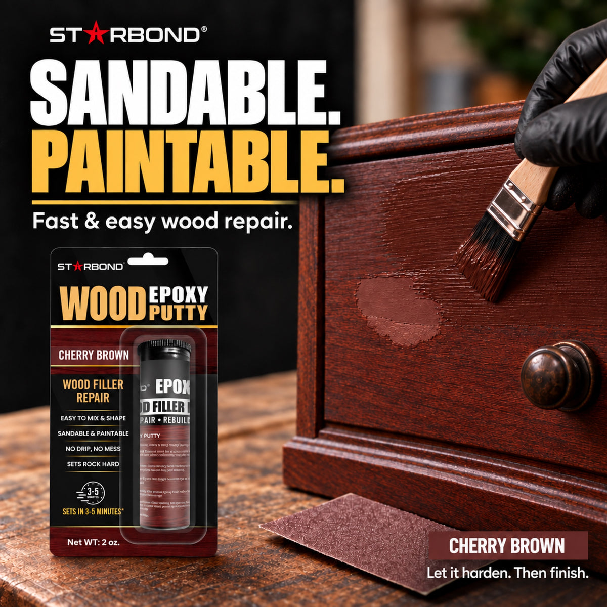 Starbond Cherry Brown epoxy putty. Sandable and Paintable infographic illustrating a repair painted to match the surrounding surface.