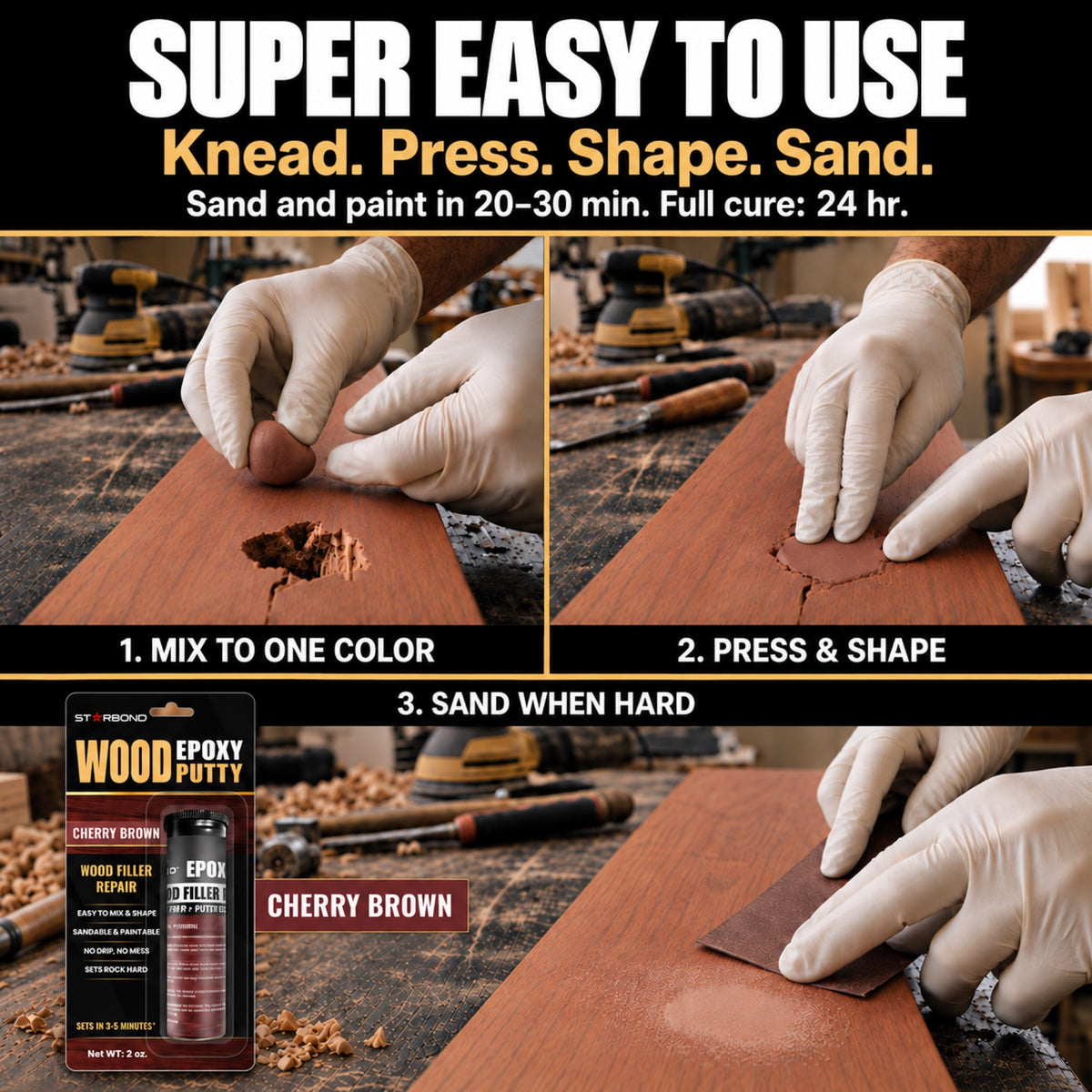 Starbond Cherry Brown epoxy putty how-to infographic: Super easy to use. Knead. Press. Shape. Sand. Illustrated mixing, shaping and sanding steps.