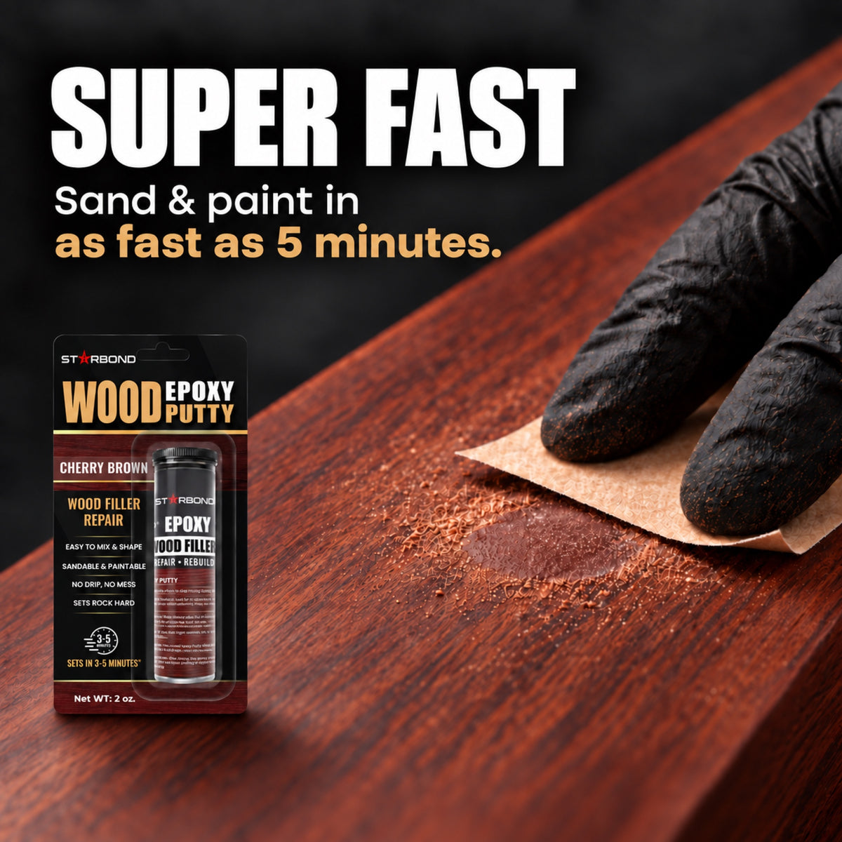 Starbond Cherry Brown epoxy putty beside a close-up illustration of a gloved hand sanding a matching repair.