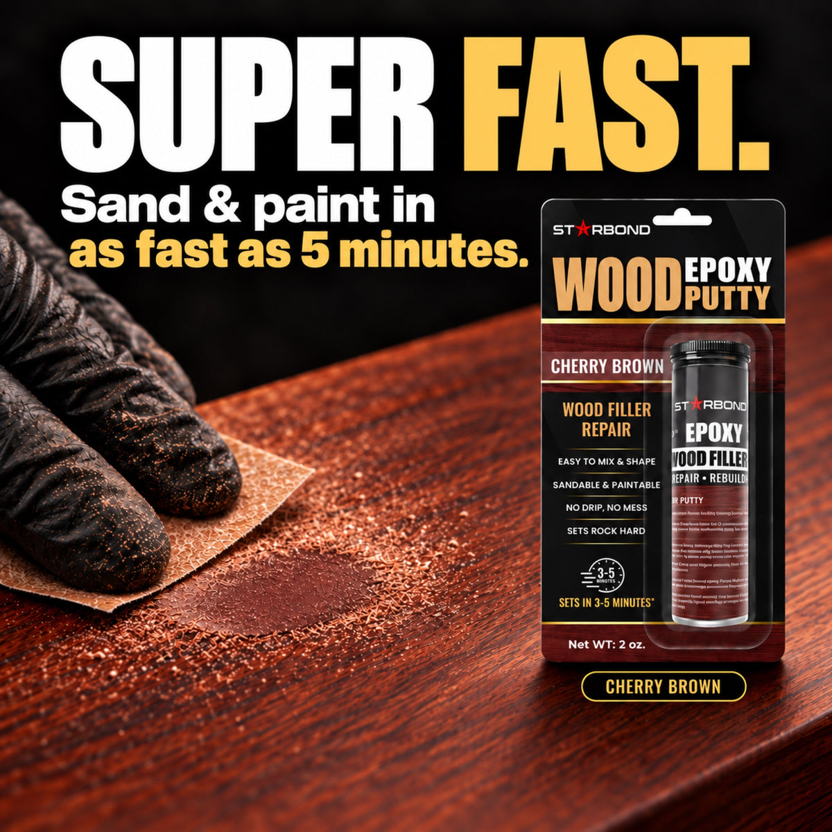 Starbond Cherry Brown epoxy putty. Super Fast infographic with an illustrated sanding demonstration.