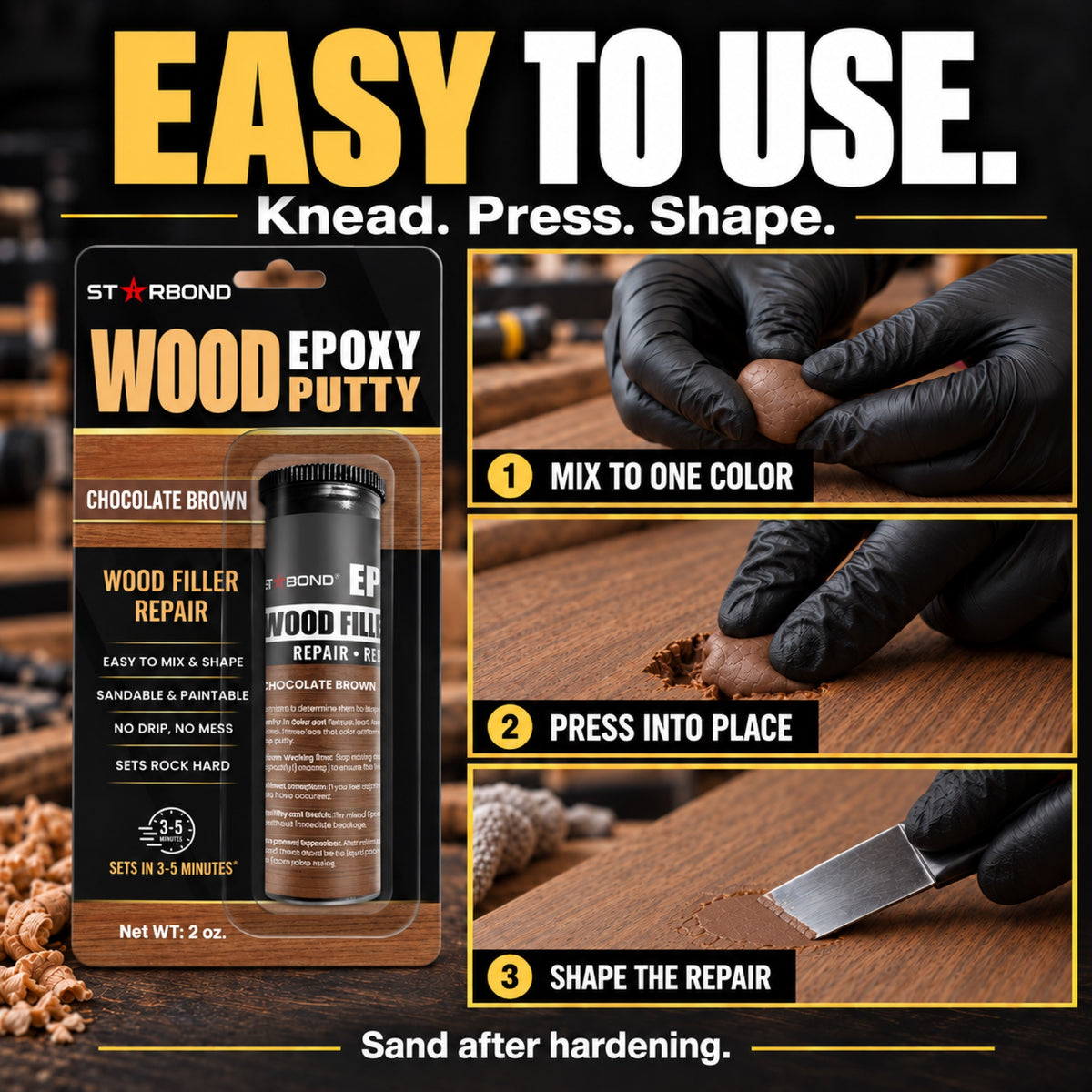 Starbond Chocolate Brown epoxy putty. Easy to Use infographic illustrating mixing, pressing and shaping a repair.