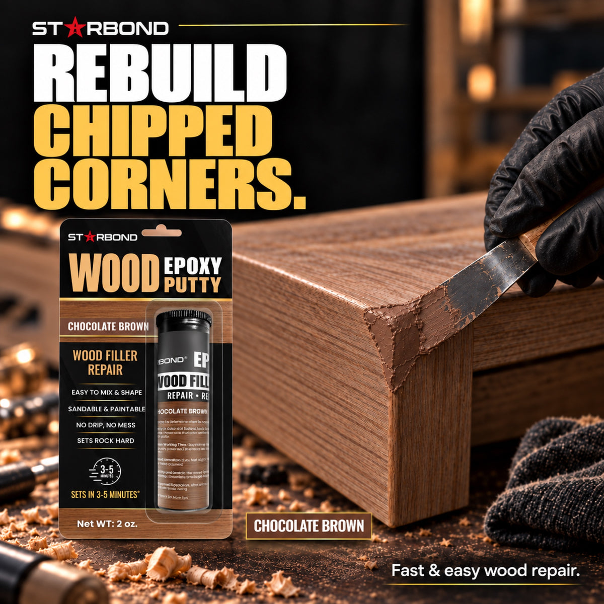 Starbond Chocolate Brown epoxy putty. Rebuild Chipped Corners infographic with an illustrated application.