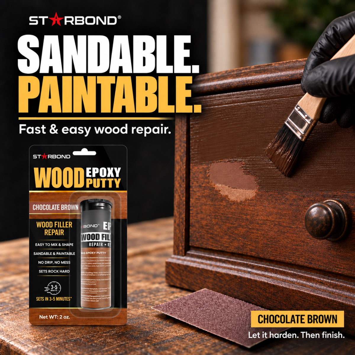 Starbond Chocolate Brown epoxy putty. Sandable and Paintable infographic illustrating a repair painted to match the surrounding surface.