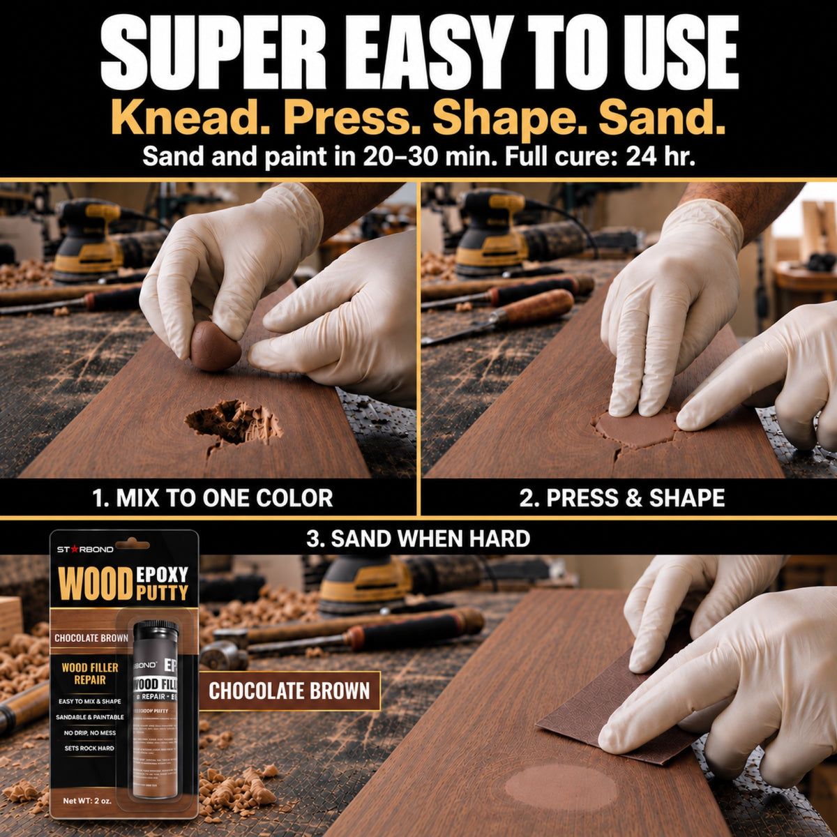 Starbond Chocolate Brown epoxy putty how-to infographic: Super easy to use. Knead. Press. Shape. Sand. Illustrated mixing, shaping and sanding steps.