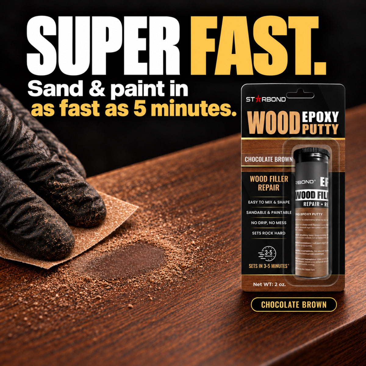 Starbond Chocolate Brown epoxy putty. Super Fast infographic with an illustrated sanding demonstration.